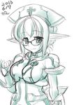  breasts dated enemia_(nire_nanaki) glasses looking_at_viewer medium_breasts monochrome nire_nanaki original pointy_ears simple_background smile solo white_background 