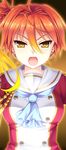  1girl breasts earrings ears face game_cg hello_lady! highres jewelry long_hair medium_breasts nose open_mouth orange_hair saeki_hokuto school_uniform side_ponytail simple_background solo standing yellow_eyes 