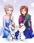  anna_(frozen) bare_shoulders braid brown_hair cape elsa_(frozen) eyeshadow frozen_(disney) makeup multiple_girls olaf_(frozen) siblings single_braid sisters smile snowman twin_braids white_hair yuki_tsuki_(rinlen) 