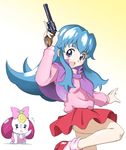  amraam120c ayanokouji_rem ayanokouji_rem_(cosplay) bare_legs blue_eyes blue_hair bow capelet cosplay creature dream_hunter_rem gun handgun happinesscharge_precure! long_hair matsui_naoko pink_bow precure purple_capelet red_skirt revolver ribbon_(happinesscharge_precure!) seiyuu_connection shirayuki_hime shoes sidelocks skirt smile socks sweater trigger_discipline weapon 