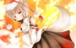  animal_ears bare_shoulders blush breasts chikuwa_savi crossed_arms detached_sleeves hat inubashiri_momiji looking_at_viewer medium_breasts pom_pom_(clothes) red_eyes short_hair silver_hair skirt sky solo tail tokin_hat touhou wolf_ears wolf_tail 