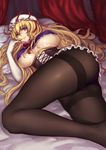  ass bed_sheet black_legwear blonde_hair breasts corset covered_nipples crotch_seam curtains elbow_gloves evan_yang gloves hat hat_ribbon highres large_breasts legs long_hair long_legs looking_at_viewer lying naughty_face on_side open_mouth panties panties_under_pantyhose pantyhose parted_lips pillow purple_eyes purple_panties ribbon solo thighband_pantyhose thighs touhou underboob underwear white_gloves yakumo_yukari 