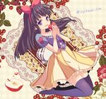 apple black_hair blue_eyes bow chi_yu dress food fruit hair_bow long_hair open_mouth puffy_sleeves red_bow short_sleeves smile snow_white_(grimm) snow_white_and_the_seven_dwarfs solo thighhighs 