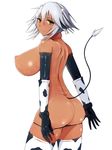  1girl animal_ears ass blush breasts butt_crack collar cow_ears cow_horns cow_print cow_tail dark_skin ear_tag elbow_gloves female gloves horns ikiteru korosukika looking_at_viewer nipples original short_hair silver_hair smile solo tail thighhighs yellow_eyes 