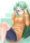  bike_shorts blush borrowed_character breasts enemia_(nire_nanaki) glasses green_hair long_hair medium_breasts myouan orange_shirt original pantylines ribbed_sweater shirt solo sweater 