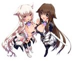  :d animal_ears bad_id bad_pixiv_id belt black_legwear blush boots breast_hold breasts brown_eyes brown_hair claws crossed_arms furry hair_between_eyes highres large_breasts long_hair looking_at_viewer multiple_girls open_mouth original shiroie_mika sidelocks simple_background skirt smile smilefang tareme tooth tsurime white_background 