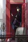  bad_id bad_pixiv_id bird black_eyes black_hair black_legwear cape highres paradise phone_booth pixiv_fantasia pixiv_fantasia_fallen_kings short_hair solo suitcase swd3e2 thighhighs 