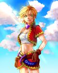  blonde_hair caesar_anthonio_zeppeli chrono_cross cloud cosplay day facial_mark genderswap genderswap_(mtf) gloves green_eyes jewelry jojo_no_kimyou_na_bouken kid_(chrono_cross) kid_(chrono_cross)_(cosplay) look-alike midriff necklace shirako short_hair shorts sky solo 