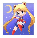 bishoujo_senshi_sailor_moon blonde_hair blue_background blue_eyes blue_sailor_collar blue_skirt blush boots bow brooch chibi choker crescent_moon double_bun earrings elbow_gloves full_body gloves hair_ornament hairpin jewelry kingetsu_mikoto knee_boots light_particles long_hair magical_girl moon pleated_skirt red_bow red_choker ribbon sailor_collar sailor_moon sailor_senshi_uniform skirt smile solo tsukino_usagi twintails v white_gloves 