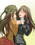  artist_request asphyxiation blush breasts brown_eyes brown_hair cardigan choking earrings green_eyes half-closed_eyes idolmaster idolmaster_cinderella_girls jewelry long_hair multiple_girls necktie open_mouth saliva school_uniform shibuya_rin shimamura_uzuki smile strangling strangulation sweat tears tongue tongue_out 