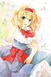  alice_margatroid blonde_hair blue_dress blue_eyes bow capelet dress hairband hand_in_hair highres lolita_hairband looking_at_viewer open_mouth puracotte sash smile solo touhou 