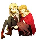  ankle_boots annie_leonhardt black_legwear blonde_hair blue_eyes boots coat contemporary cross-laced_footwear fashion hair_ornament hairclip hitch_dreyse lace-up_boots multiple_girls nose pantyhose shingeki_no_kyojin sorakura_shikiji squatting thighhighs 