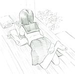  barefoot chips crossed_legs feet food from_behind handheld_game_console lying monochrome original pillow pillow_support playing school_uniform serafuku short_hair sketch soles solo toes traditional_media wooden_floor yoshitomi_akihito 