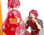  1boy 1girl brother_and_sister camera cellphone free! japanese_clothes kimono matsuoka_gou matsuoka_rin phone red_eyes red_hair siblings white_background yukata 