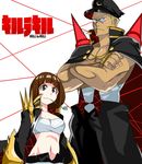  1girl banchou blonde_hair brass_knuckles brown_eyes brown_hair cosplay costume_switch crossed_arms gamagoori_ira gamagoori_ira_(cosplay) hat height_difference highres hip-hop_nyang-i jpeg_artifacts kill_la_kill mankanshoku_mako mankanshoku_mako_(cosplay) midriff mouth_hold navel sarashi short_hair weapon 