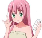  \m/ alternate_hairstyle ame. bare_shoulders bottle chuunibyou_demo_koi_ga_shitai! green_eyes hair_down long_hair milk naked_towel pink_hair shichimiya_satone solo towel 