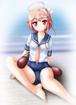  i-58_(kantai_collection) kantai_collection neopure pink_hair red_eyes school_swimsuit school_uniform short_hair sitting solo swimsuit swimsuit_under_clothes torpedo 