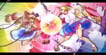  barefoot battle blocking blonde_hair breasts brown_hair chain cuffs duel geta gourd highres horn horn_ribbon horns hoshiguma_yuugi huge_breasts ibuki_suika kicking letterboxed long_hair low-tied_long_hair multiple_girls oninoko out_of_frame ribbon shackles shirt skirt t-shirt taut_clothes taut_shirt touhou 