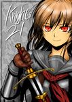  brown_hair commentary_request highres kotoba_noriaki original pixiv_card_battler red_eyes school_uniform serafuku solo sword weapon 