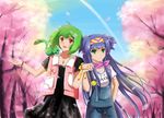  blue_hair green_eyes green_hair hairband holding_hands klan_klein long_hair macross macross_frontier multiple_girls open_mouth orange_eyes petals ranka_lee short_hair very_long_hair w_rong 