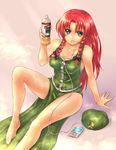  bad_id bad_pixiv_id barefoot bottle braid breasts digital_media_player drink feet hat hat_removed headwear_removed hong_meiling ipod long_hair long_legs medium_breasts no_bra product_placement red_hair solo takemori_shintarou touhou twin_braids 