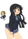  :3 akiyama_mio bad_id bad_pixiv_id bangs black_hair blue_eyes blunt_bangs blush brown_eyes brown_hair hairband hime_cut itou_ayachi k-on! long_hair multiple_girls no_panties plaid plaid_skirt school_uniform short_hair simple_background skirt tainaka_ritsu white_background 