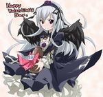  bad_id bad_pixiv_id breasts cleavage dress english frills hairband happy_valentine long_hair obligation_chocolate purple_eyes rozen_maiden silver_hair small_breasts solo suigintou toru_k valentine wings yakult 