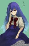  adjusting_eyewear alternate_costume bad_id bad_pixiv_id bespectacled blue_hair glasses hat hat_removed headwear_removed hinanawi_tenshi kottsu long_hair red_eyes ribbed_sweater simple_background solo sweater touhou 
