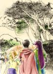  androgynous blonde_hair butz_klauser cape faris_scherwiz final_fantasy final_fantasy_v forest headband highres krile_mayer_baldesion long_hair multiple_girls nature ponytail purple_hair reverse_trap short_hair toutoumi tree 