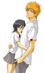  1girl artist_request black_hair bleach couple hair_between_eyes hetero hug kuchiki_rukia kurosaki_ichigo orange_hair school_uniform 