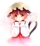  animal_ears bad_id bad_pixiv_id bow bowtie brown_eyes brown_hair cat_ears cat_tail chen hat kito_(sorahate) multiple_tails short_hair solo tail tears touhou 
