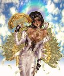  :&gt; black_hair breasts choker circlet cleavage copyright_request dark_skin dress evening_gown fan feathers hand_on_thigh jewelry long_hair medium_breasts open_mouth pendant shirou_masamune smile solo 