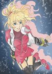  aotuki_nanase bad_id bad_pixiv_id blonde_hair blue_eyes excellen_browning fingerless_gloves garter_belt gloves ponytail smile solo super_robot_wars super_robot_wars_original_generation thighhighs 