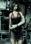  3d bandage_over_one_eye breasts cast cleavage eileen_galvin green_eyes itou_masahiro large_breasts official_art short_hair silent_hill silent_hill_4 solo 