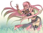  armband black_legwear blue_nails closed_eyes flower headphones long_hair megurine_luka midriff music nail_polish navel open_mouth pink_hair side_slit singing skirt solo thighhighs vocaloid wakky wristband 