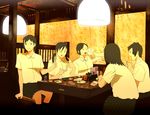  bad_id bad_pixiv_id black_eyes black_hair chopsticks drinking food multiple_girls original plump restaurant school_uniform shiira shirt short_hair skirt yellow 