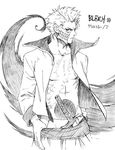  1boy arrancar bad_link bleach broken_mask collared_jacket greyscale grimmjow_jaegerjaquez hole_in_stomach hole_on_body jacket koaki male_focus mask monochrome scar scar_on_chest skull solo sword weapon 