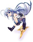  ahoge asymmetrical_legwear blue_eyes blue_hair book book_of_the_azure_sky fingerless_gloves gloves hair_ornament lyrical_nanoha magical_girl mahou_shoujo_lyrical_nanoha_strikers minigirl reinforce_zwei schwertkreuz single_thighhigh soba_(saz) solo thighhighs waist_cape x_hair_ornament 