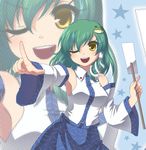  :d armpits detached_sleeves green_hair jpeg_artifacts kochiya_sanae miruki one_eye_closed open_mouth outstretched_arm pointing smile solo touhou v-shaped_eyebrows yellow_eyes zoom_layer 
