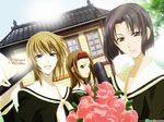  black_hair blonde_hair bouquet brown_hair flower graduation maria-sama_ga_miteru mizuno_youko multiple_girls nakajima_atsuko non-web_source official_art satou_sei school_uniform serafuku short_hair torii_eriko wallpaper 