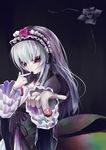  asa_(swallowtail) black_dress dress flower frills gothic_lolita hairband index_finger_raised lolita_fashion lolita_hairband long_hair looking_at_viewer pointing pointing_at_viewer red_eyes rose rozen_maiden silver_hair solo suigintou upper_body 
