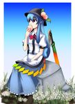  bad_id bad_pixiv_id blue_hair eating food fruit hat highres hinanawi_tenshi holding holding_food holding_fruit long_hair oyaji-sou peach red_eyes solo sword sword_of_hisou touhou weapon 