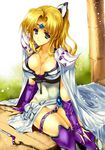  armor blonde_hair blue_eyes boots breasts bridal_gauntlets cape circlet cleavage crown final_fantasy final_fantasy_iv fingerless_gloves gloves large_breasts legs long_hair okonogi_noi ponytail rosa_farrell solo thigh_boots thighhighs thighs 