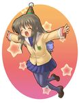  brown_hair clannad closed_eyes happy_state hat hikarizaka_private_high_school_uniform ibuki_fuuko long_hair pantyhose party_hat rokko school_uniform solo star 