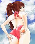  adjusting_clothes adjusting_swimsuit ass bikini brown_eyes brown_hair dead_or_alive hybrid_cat kasumi_(doa) long_hair ponytail solo swimsuit trefoil 