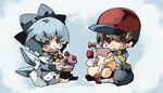  1girl bad_id bad_pixiv_id baseball_cap blue_eyes blue_hair bow brown_hair cake chachi_(azuzu) chibi cirno doseisan food hat mother_(game) mother_2 ness pastry short_hair touhou wings 