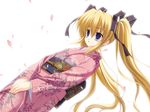  blonde_hair cherry_blossoms dutch_angle floral_print fujimiya_chisa game_cg gift_(game) hair_ribbon japanese_clothes kimono long_hair naruse_mamoru non-web_source petals purple_eyes ribbon simple_background solo twintails v_arms wind 