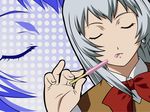  artist_request bow bowtie chouun_shiryuu closed_eyes dutch_angle eating food ikkitousen long_hair pocky popsicle red_bow red_neckwear silver_hair solo sweater_vest upper_body wallpaper zoom_layer 