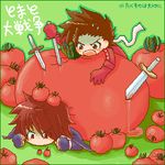  angry brown_hair kratos_aurion lloyd_irving lowres multiple_boys red_hair short_hair sword tales_of_(series) tales_of_symphonia tomato weapon 