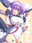  ;d arms_up breasts covered_navel cowboy_shot exelica kugui_kiyunemu large_breasts leotard looking_at_viewer one_eye_closed open_mouth pink_hair purple_eyes short_hair skin_tight smile solo standing thigh_strap trigger_heart_exelica 
